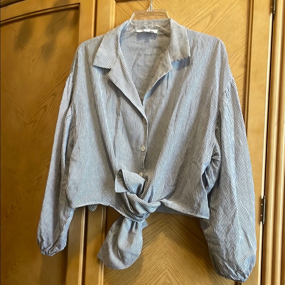 P.Cill Striped Blue Button-Up Women's Top size large